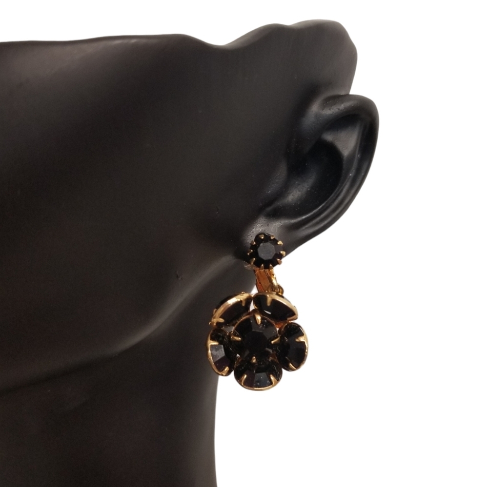 Vintage Goldtone with Black Australian Crystals Floral Clip On Drop Earrings